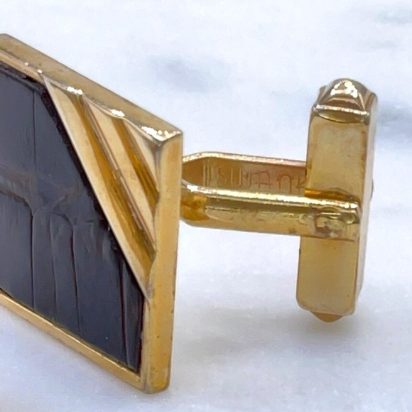 SWANK Vintage Gold Tone Brown Animal/Leather Detail Square Bullet Back Cufflinks - Picture 6 of 8